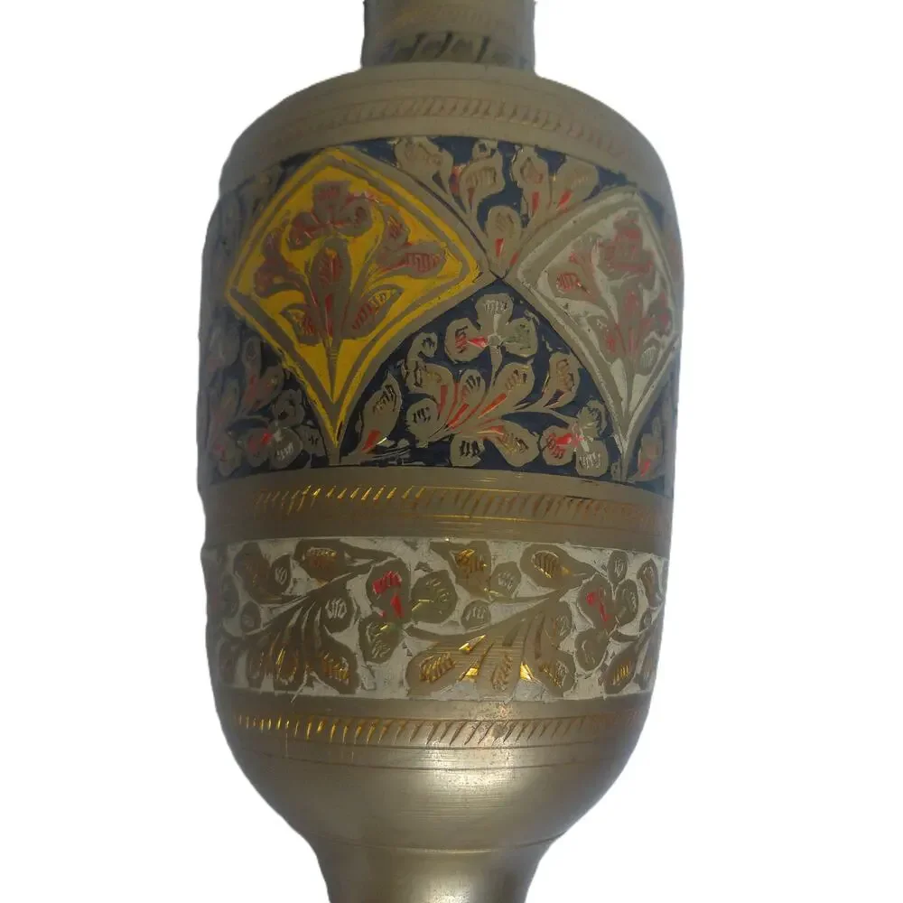 Vintage Hand-Etched Brass Vase with Ornate Floral Enamel Inlay Made in India